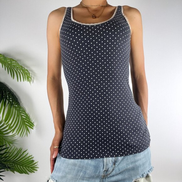 Vintage Y2K Gray Polka Dot Dark Coquette Twee Casual Fitted Tank Top / Small - Picture 3 of 6